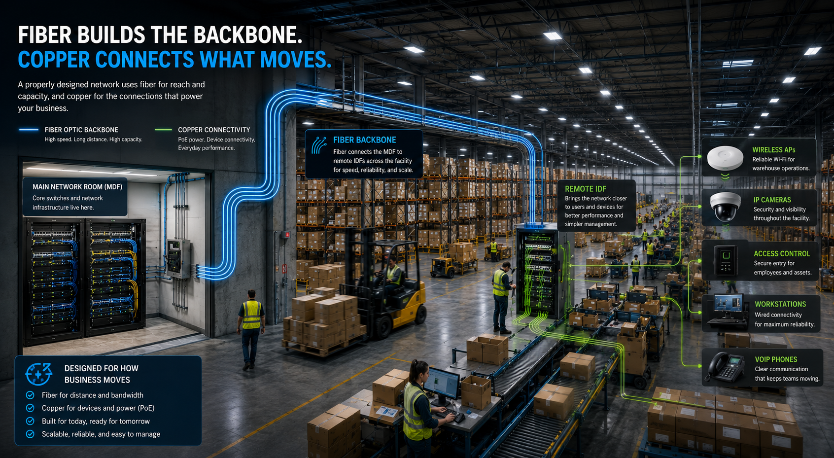 Fiber builds the backbone. Copper connects what moves