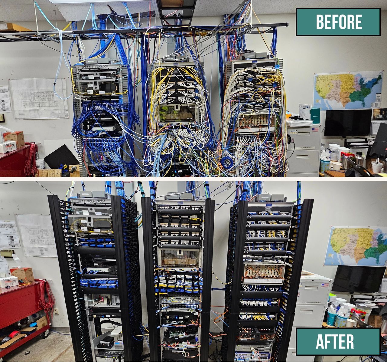 Before: cable chaos — After: clean, labeled network core