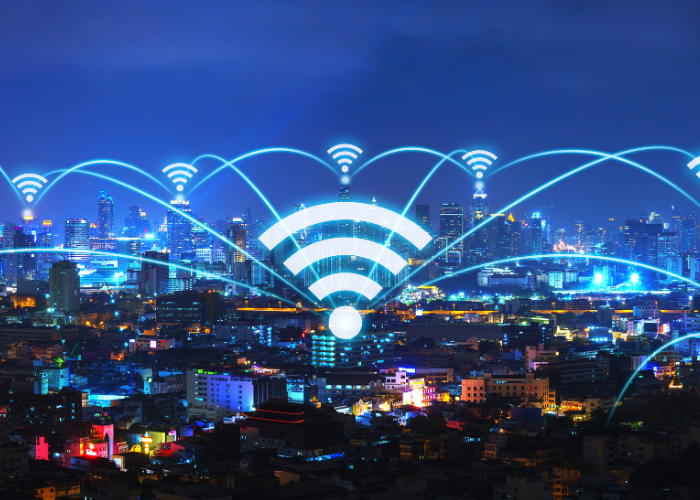 A graphic showing multiple wi-fi connections in a city to show the Ekahau Approach to Seamless Wireless Solutions