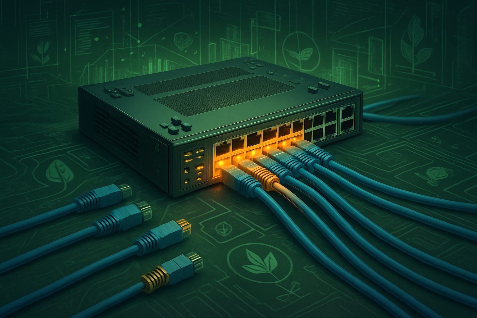 A network switch with multiple Ethernet cables plugged into its illuminated ports. Several additional blue Ethernet cables lie in the foreground. 